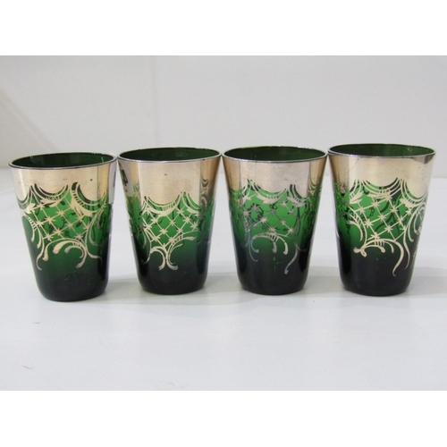 430 - PLATED SALTS, pair of plated shell form salts with dolphin supports, 3 plated tots, 4 green glass tu... 