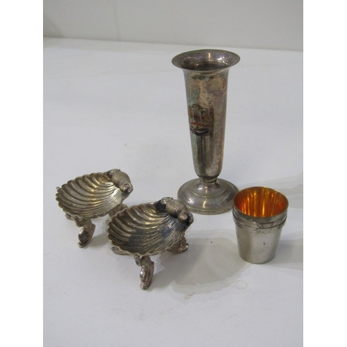 430 - PLATED SALTS, pair of plated shell form salts with dolphin supports, 3 plated tots, 4 green glass tu... 