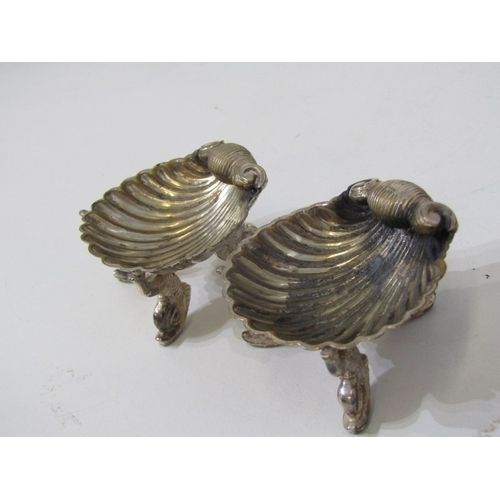 430 - PLATED SALTS, pair of plated shell form salts with dolphin supports, 3 plated tots, 4 green glass tu... 