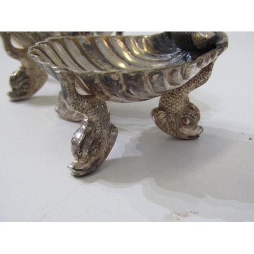 430 - PLATED SALTS, pair of plated shell form salts with dolphin supports, 3 plated tots, 4 green glass tu... 