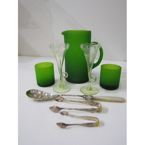 431 - SILVER & GLASSWARE, opaque green glass water jug and 2 tumblers, 2 glass posy vases, silver sugar to... 