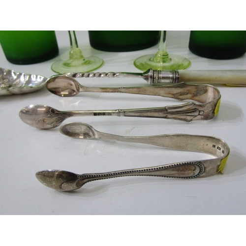 431 - SILVER & GLASSWARE, opaque green glass water jug and 2 tumblers, 2 glass posy vases, silver sugar to... 