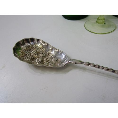 431 - SILVER & GLASSWARE, opaque green glass water jug and 2 tumblers, 2 glass posy vases, silver sugar to... 