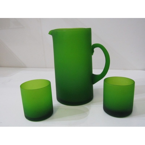 431 - SILVER & GLASSWARE, opaque green glass water jug and 2 tumblers, 2 glass posy vases, silver sugar to... 