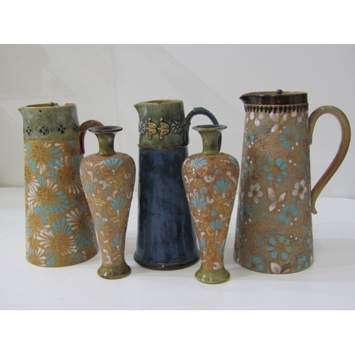 433 - ROYAL DOULTON, pair of Royal Doulton lace impressed decorated tapering spill vases, 18cm height, tog... 