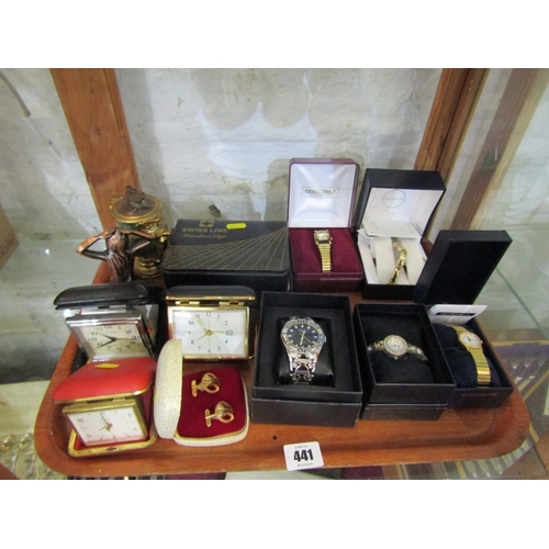 441 - TRAVELLING CLOCK & WATCHES, tray of 3 assorted travelling clocks, 6 boxed watches, including a Qmax ... 