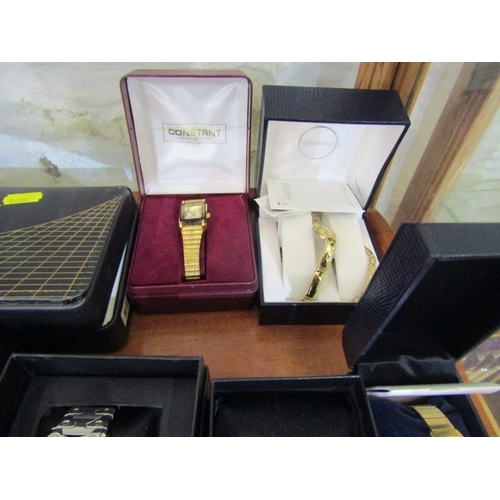 441 - TRAVELLING CLOCK & WATCHES, tray of 3 assorted travelling clocks, 6 boxed watches, including a Qmax ... 