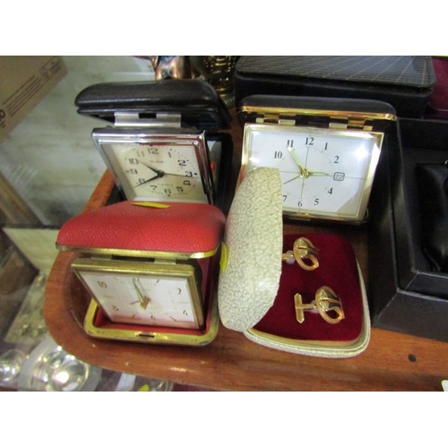 441 - TRAVELLING CLOCK & WATCHES, tray of 3 assorted travelling clocks, 6 boxed watches, including a Qmax ... 