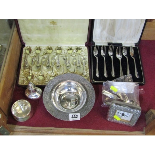 442 - PLATED CUTLERY & SILVER FACED CLOCK, GG battery watch with a foliate silver front, plated anointing ... 