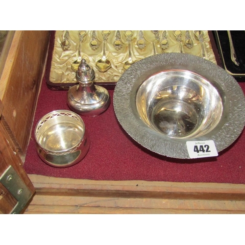 442 - PLATED CUTLERY & SILVER FACED CLOCK, GG battery watch with a foliate silver front, plated anointing ... 