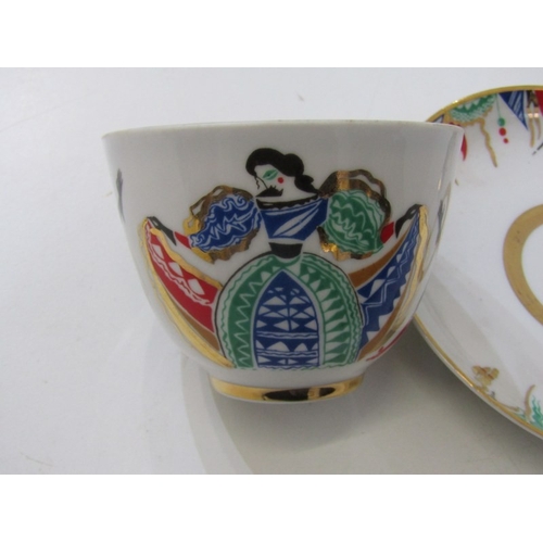 444 - RUSSIAN PORCELAIN, 2 Lomonosov porcelain cups and saucers, 1 depicting Russian dancers, other floral... 