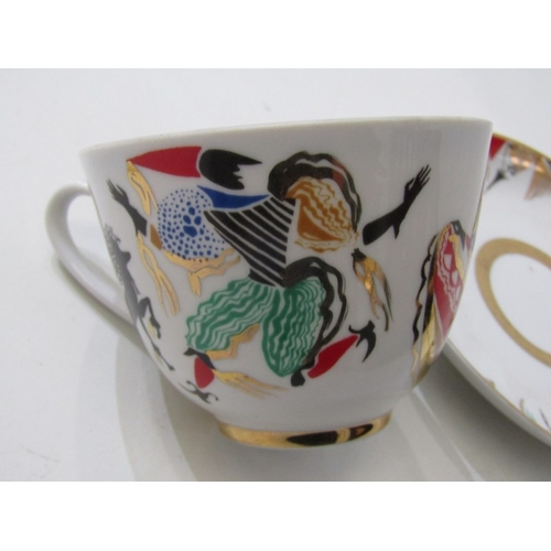 444 - RUSSIAN PORCELAIN, 2 Lomonosov porcelain cups and saucers, 1 depicting Russian dancers, other floral... 