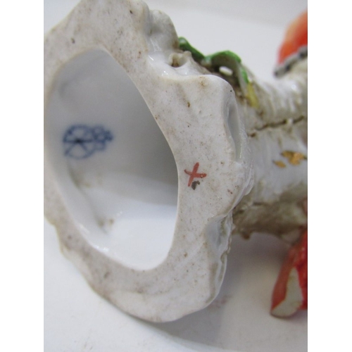 445 - HOCHST PORCELAIN, a parrot on branch, blue circular Hochst mark to base - possibly 18th Century (dam... 