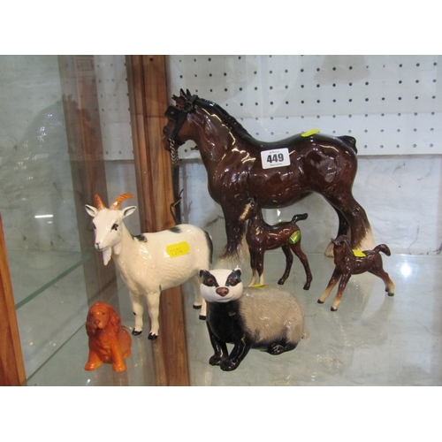 449 - BESWICK POTTERY, a Beswick shire horse together with 2 Beswick ponies, a Beswick badger, a Royal Dou... 