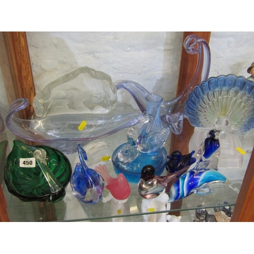 450 - ART GLASSWARE, selection of various art glass; swans and bird figures, dolphin, scultures, etc inclu... 