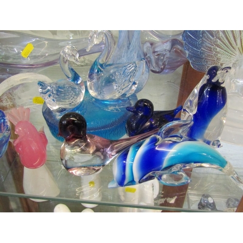 450 - ART GLASSWARE, selection of various art glass; swans and bird figures, dolphin, scultures, etc inclu... 
