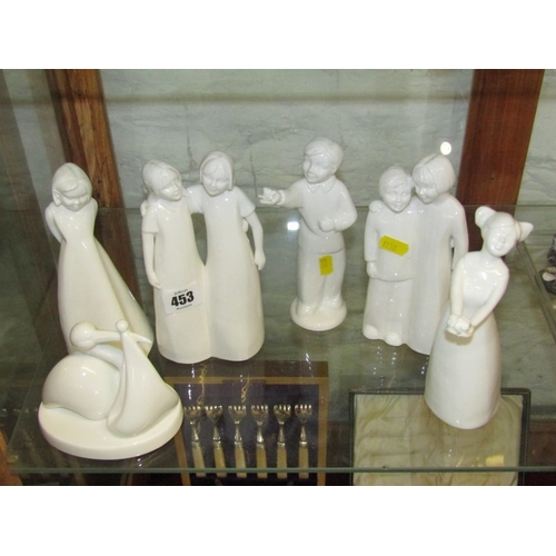 453 - COALPORT PORCELAIN, 6 various Coalport white figurines including 