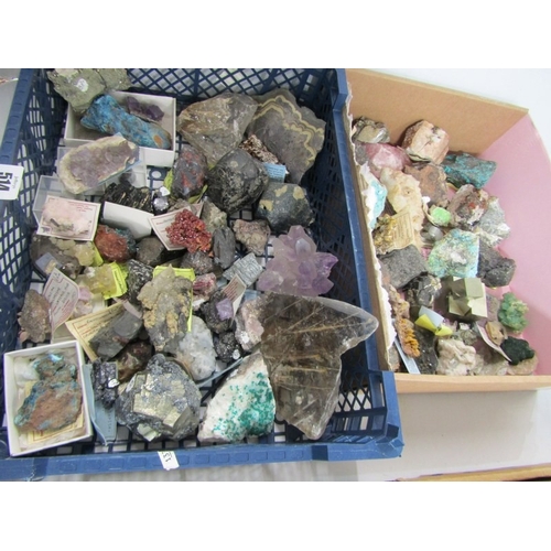 514 - UNCUT MINERALS, 2 boxes of various uncut minerals to include amethysts, calcian and other examples