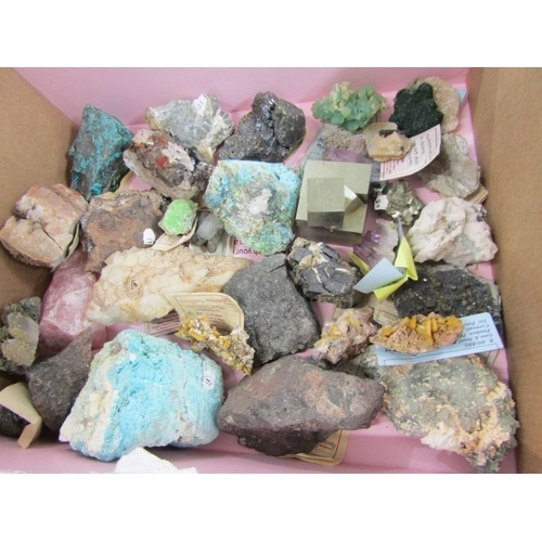 514 - UNCUT MINERALS, 2 boxes of various uncut minerals to include amethysts, calcian and other examples