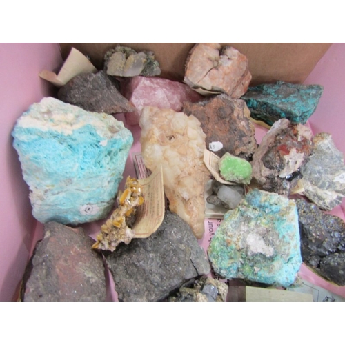 514 - UNCUT MINERALS, 2 boxes of various uncut minerals to include amethysts, calcian and other examples