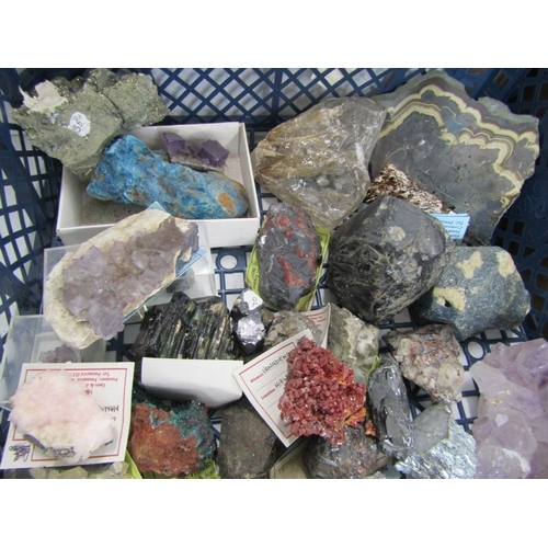 514 - UNCUT MINERALS, 2 boxes of various uncut minerals to include amethysts, calcian and other examples