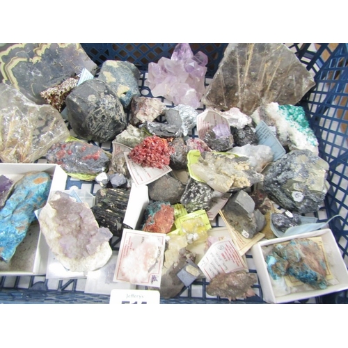 514 - UNCUT MINERALS, 2 boxes of various uncut minerals to include amethysts, calcian and other examples