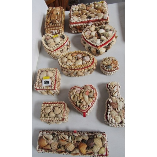 516 - SHELL BOXES, 11 various vintage shell jewellery and trinket boxes