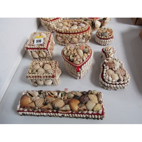 516 - SHELL BOXES, 11 various vintage shell jewellery and trinket boxes