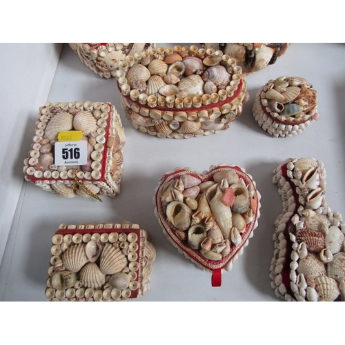 516 - SHELL BOXES, 11 various vintage shell jewellery and trinket boxes