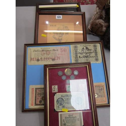 524 - GERMAN BANK NOTES, various framed German bank notes, stamps and coins (5 in total)