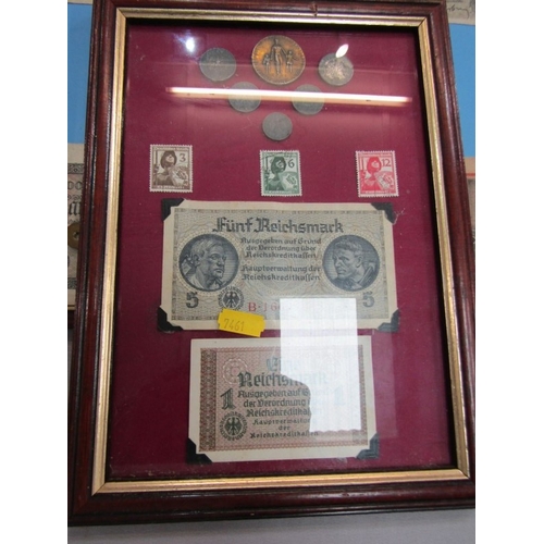 524 - GERMAN BANK NOTES, various framed German bank notes, stamps and coins (5 in total)