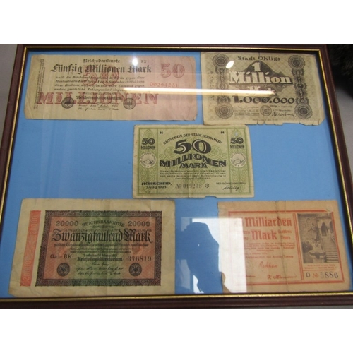 524 - GERMAN BANK NOTES, various framed German bank notes, stamps and coins (5 in total)