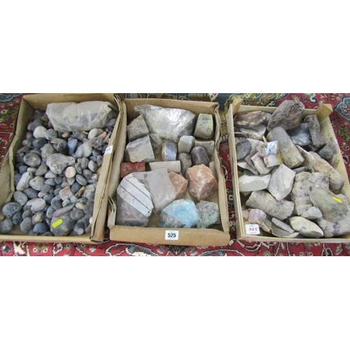 525 - MINERALS, 3 boxes of various uncut minerals and stones, including quartz and granite