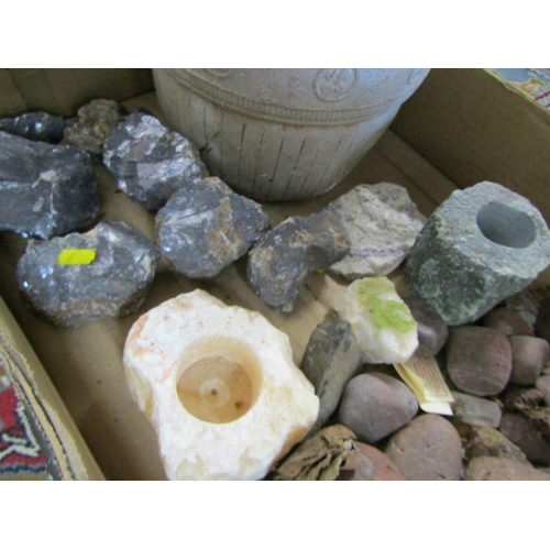 526 - STONES/MINERALS, box of uncut stones and minerals to include pyromorphite, etc