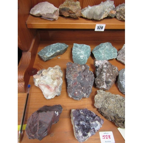 528 - MINERALS, several uncut minerals, including amethyst, fluorite, calcite, etc