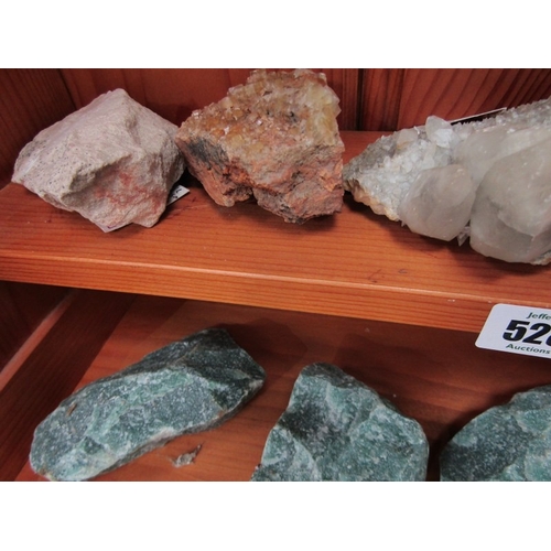 528 - MINERALS, several uncut minerals, including amethyst, fluorite, calcite, etc