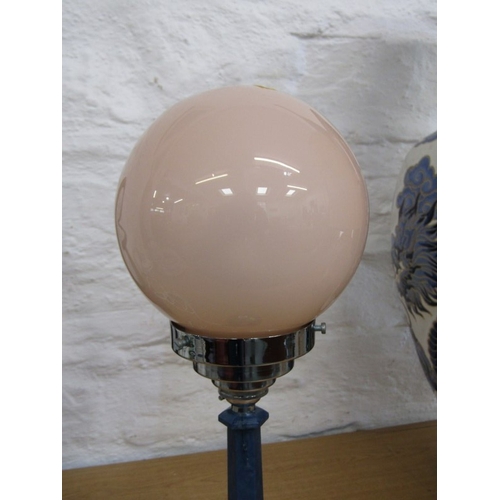 538 - ART DECO TABLE LAMP, an Art Deco mottled blue lucite base table lamp with chrome fitting and cream g... 