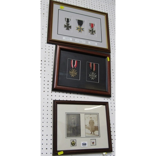 550 - FRAMED MEDALS, 3 framed sets of reproduction medals
