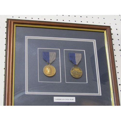 551 - FRAMED MEDALS/BADGES, 2 sets of reproduction medals in frames, together with 2 framed sets of cloth ... 