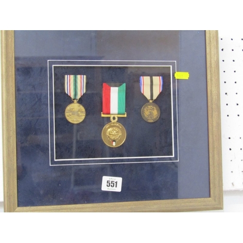 551 - FRAMED MEDALS/BADGES, 2 sets of reproduction medals in frames, together with 2 framed sets of cloth ... 