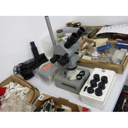 555 - TABLE MICROSCOPE, a table microscope, together with various lenses and other equipment, 46cm height
