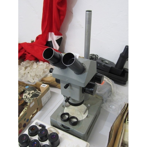 555 - TABLE MICROSCOPE, a table microscope, together with various lenses and other equipment, 46cm height