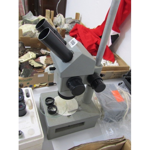 555 - TABLE MICROSCOPE, a table microscope, together with various lenses and other equipment, 46cm height