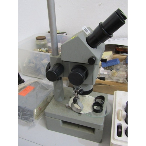 555 - TABLE MICROSCOPE, a table microscope, together with various lenses and other equipment, 46cm height
