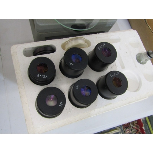 555 - TABLE MICROSCOPE, a table microscope, together with various lenses and other equipment, 46cm height