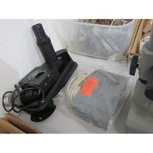 555 - TABLE MICROSCOPE, a table microscope, together with various lenses and other equipment, 46cm height