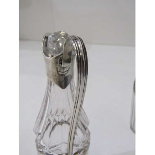 559 - SILVER MOUNTED OIL BOTTLES, pair of Georgian oil bottles with silver mounted tops and handles, HM, h... 