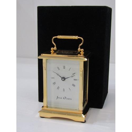 565 - CARRIAGE CLOCK, modern carriage clock with white painted dial by Jens Olsen, together with original ... 