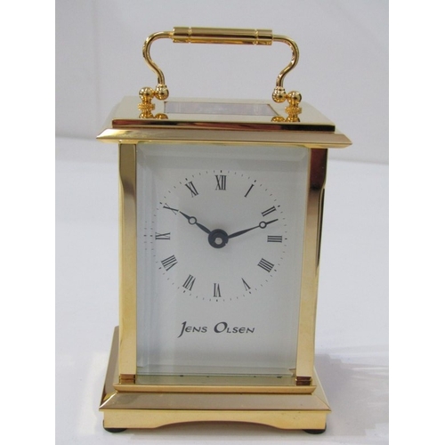565 - CARRIAGE CLOCK, modern carriage clock with white painted dial by Jens Olsen, together with original ... 