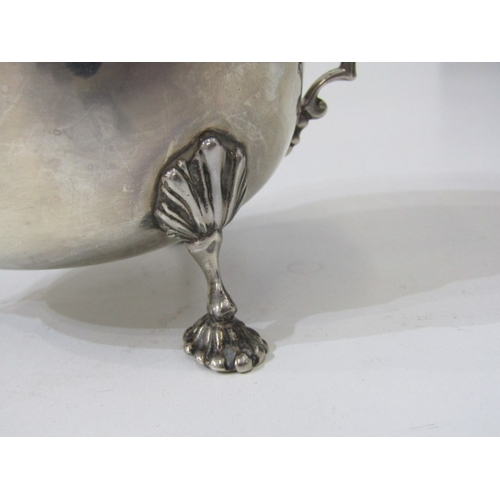 568 - SILVER GRAVY BOAT, silver gravy boat on 3 ornate padded feet, Birmingham HM, 139 grams